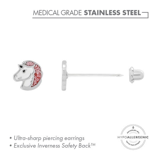 Inverness Medical Grade Stainless Steel. 6mm Unicorn White/Pink Glitter Piercing Earrings