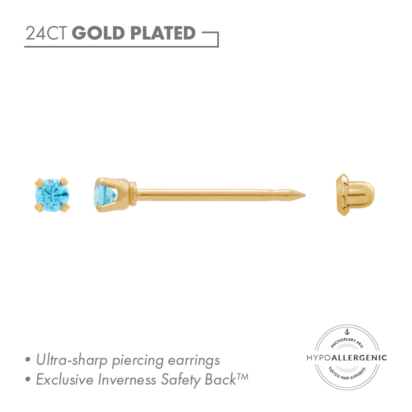 24ct Gold Plated Stainless Steel CZ 2mm Blue Topaz Piercing Earrings