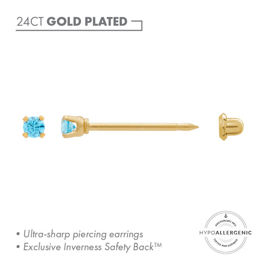 24ct Gold Plated Stainless Steel CZ 2mm Blue Topaz Piercing Earrings