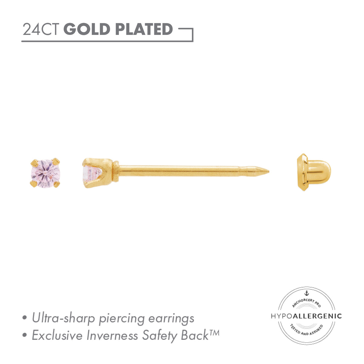 24ct Gold Plated Stainless Steel CZ 2MM PINK COLOUR Piercing Studs