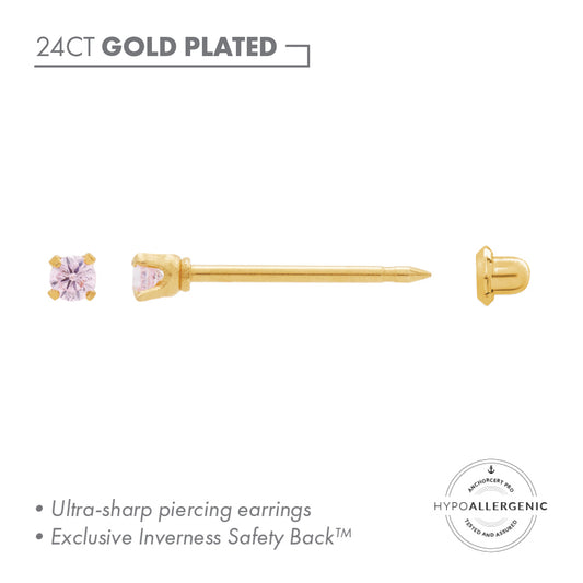 24ct Gold Plated Stainless Steel CZ 2MM PINK COLOUR Piercing Studs