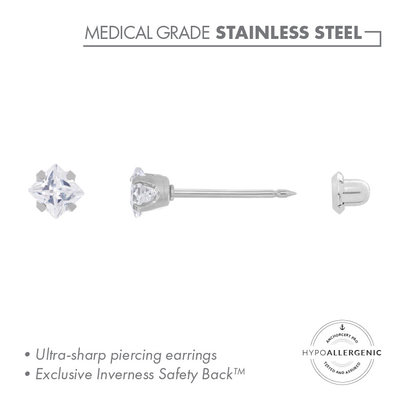 Inverness Stainless Steel 3mm Square CZ Piercing Earrings