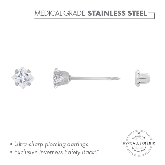 Inverness Stainless Steel 3mm Square CZ Piercing Earrings