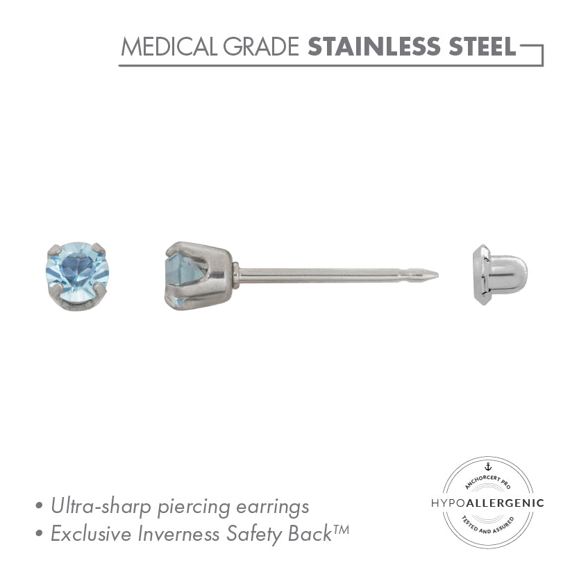 Inverness SS 3mm Aquamarine Crystal Piercing Earrings