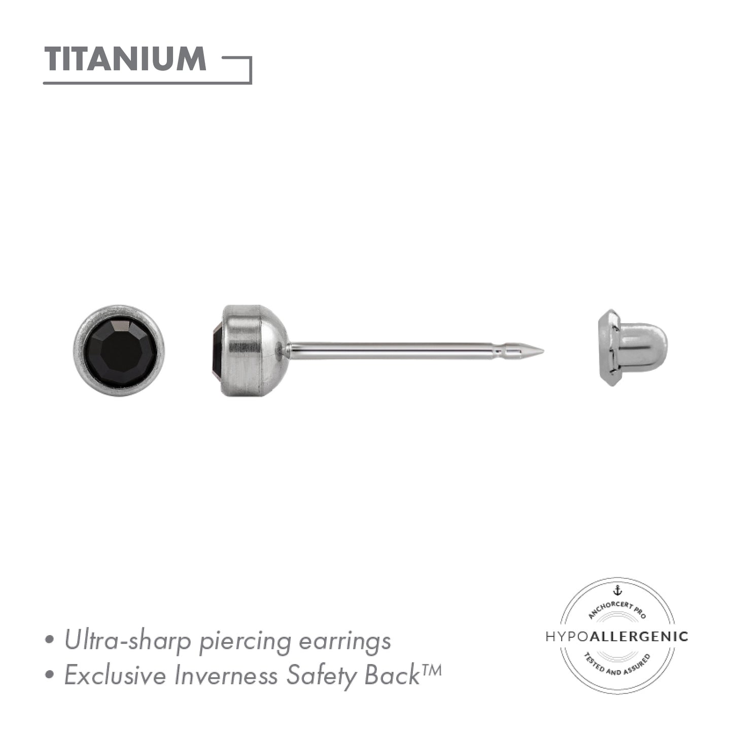 Inverness Titanium 4mm Black Crystal Bezel Piercing Earrings