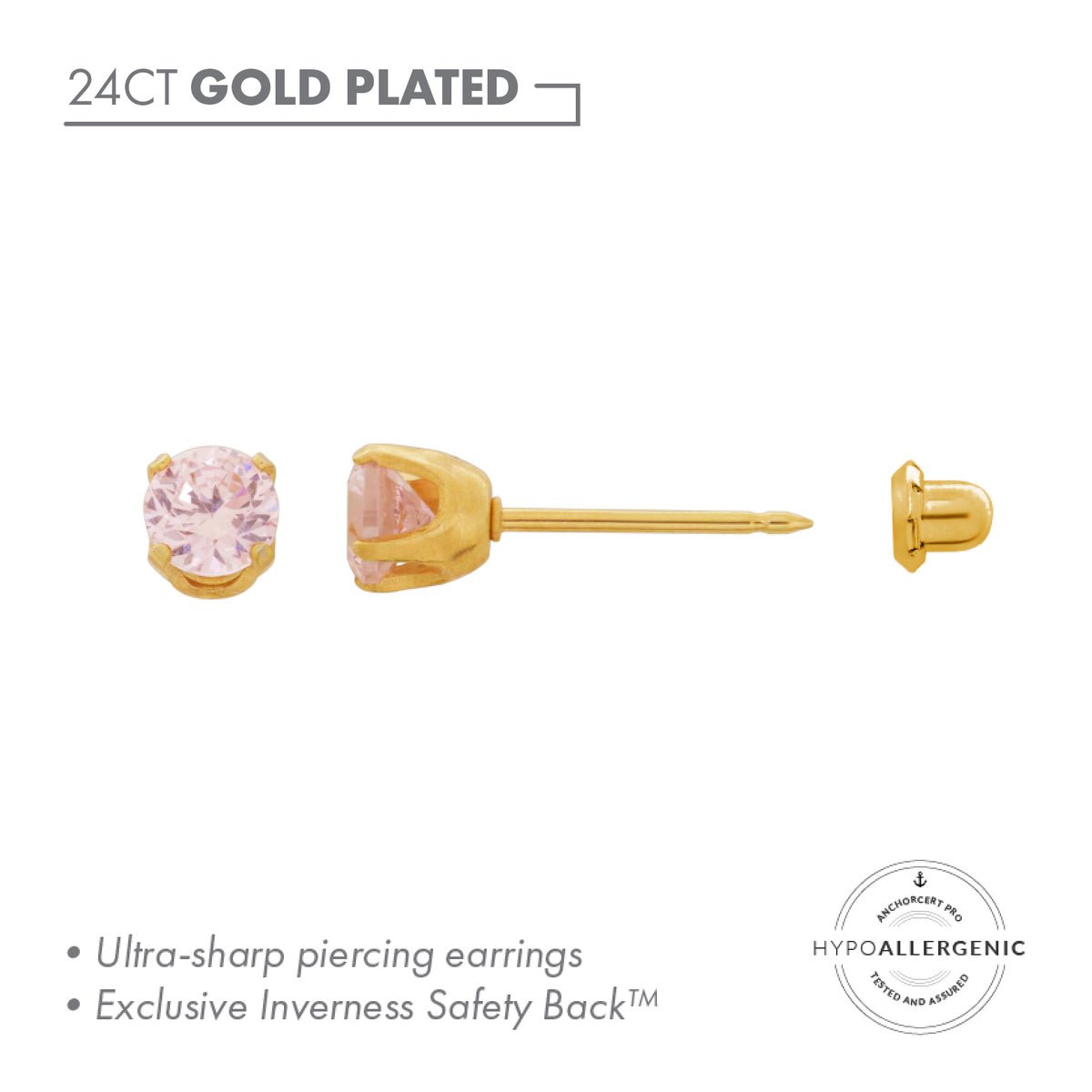 Inverness 24ct Gold Plated Stainless Steel 5mm Pink CZ