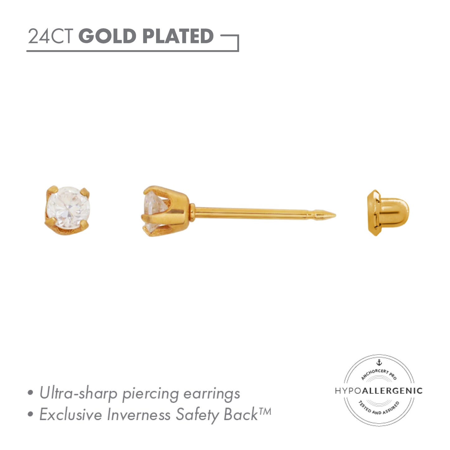 Inverness 24ct Gold Plated Stainless Steel 3mm CZ Piercing Earrings