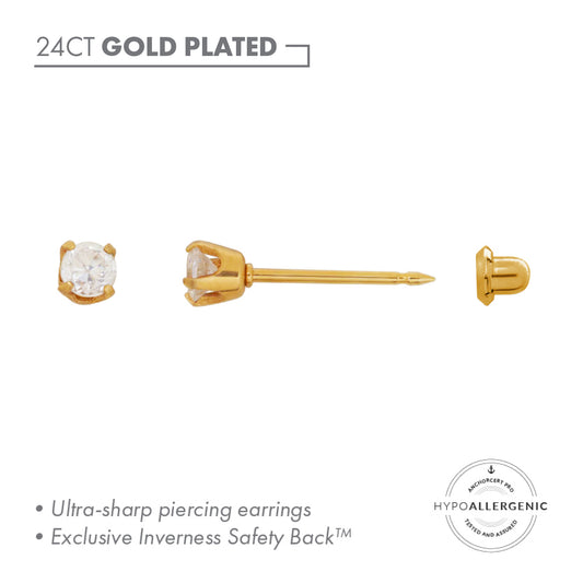 Inverness 24ct Gold Plated Stainless Steel 3mm CZ Piercing Earrings