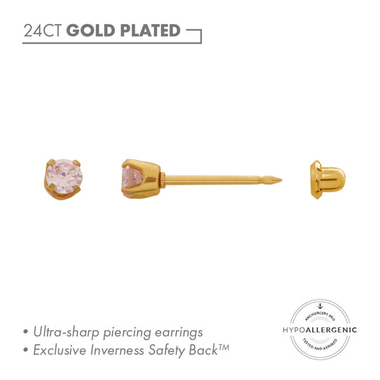 Inverness 24ct Gold Plated Stainless Steel 3mm Pink CZ Piercing Earrings
