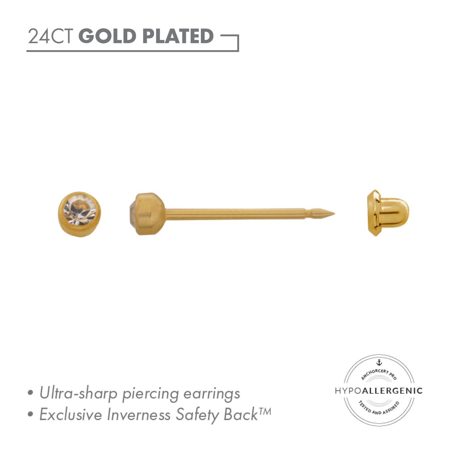Inverness 24ct Gold Plated Stainless Steel 3mm Clear Crystal Bezel