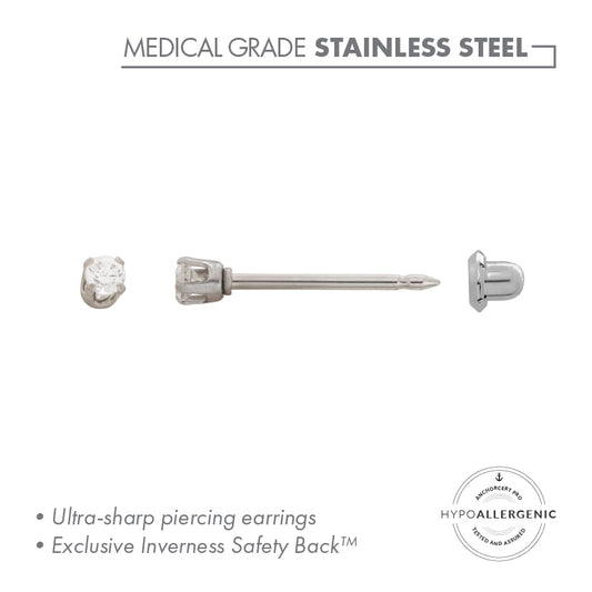 Inverness Stainless Steel 2mm CZ Piercing Earrings