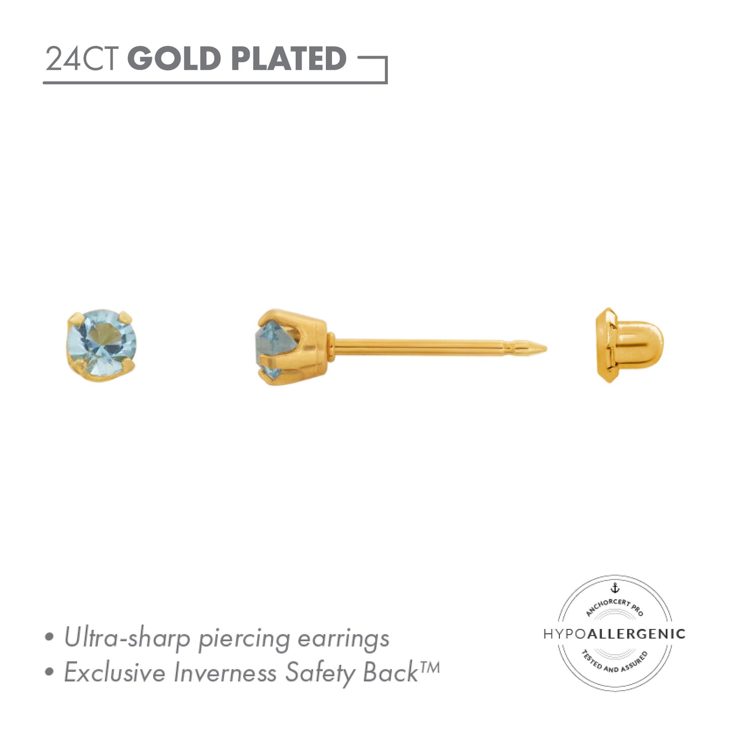 Inverness 24ct Gold Plated Stainless Steel 3mm Aquamarine Piercing Earrings