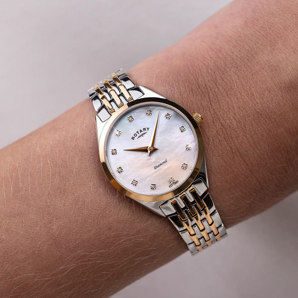 Rotary Ladies Ultra Slim Duo Tone Bracelet Diamond MOP Dial