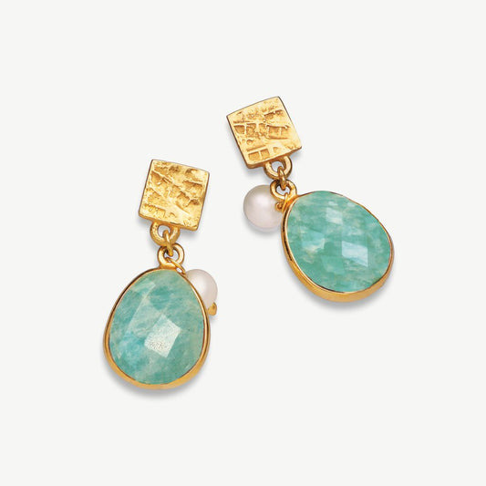 Oceanside Gemstone Charm Earrings 18ct Gold Plated, Amazonite & Pearl