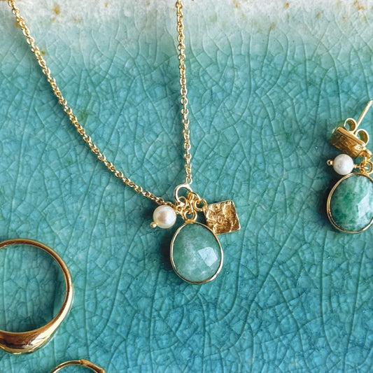 Oceanside Gemstone Charm Necklace 18ct Gold Plated, Amazonite & Pearl