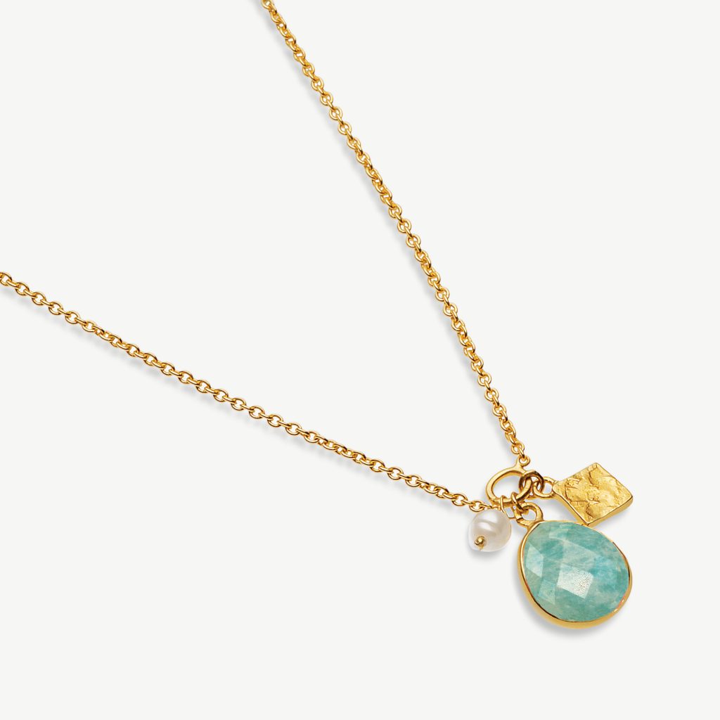 Oceanside Gemstone Charm Necklace 18ct Gold Plated, Amazonite & Pearl