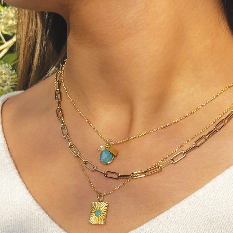Oceanside Gemstone Charm Necklace 18ct Gold Plated, Amazonite & Pearl