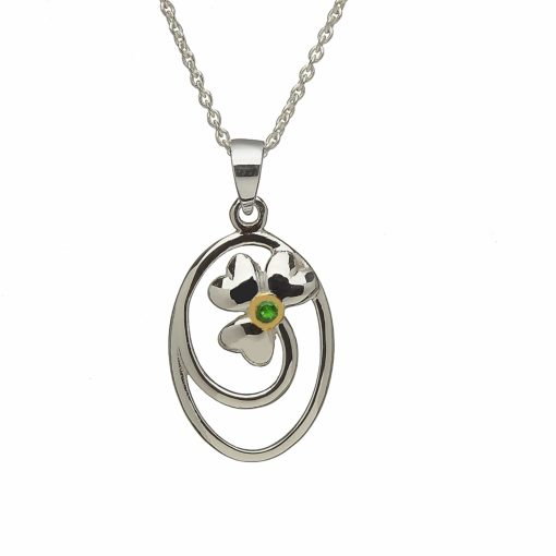 Silver Oval Shamrock Pendant with Green Stone