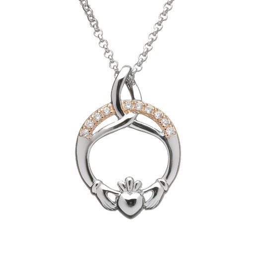 Silver Rose and Cz Claddagh Necklace