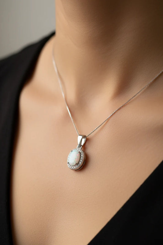 Silver Opal & Cz Chained Oval Pendant