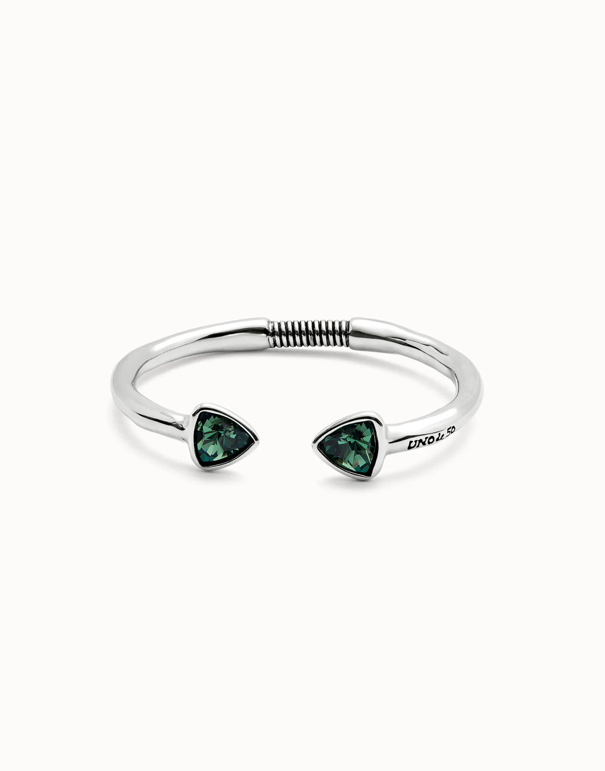 Cuff bracelet with two green crystals