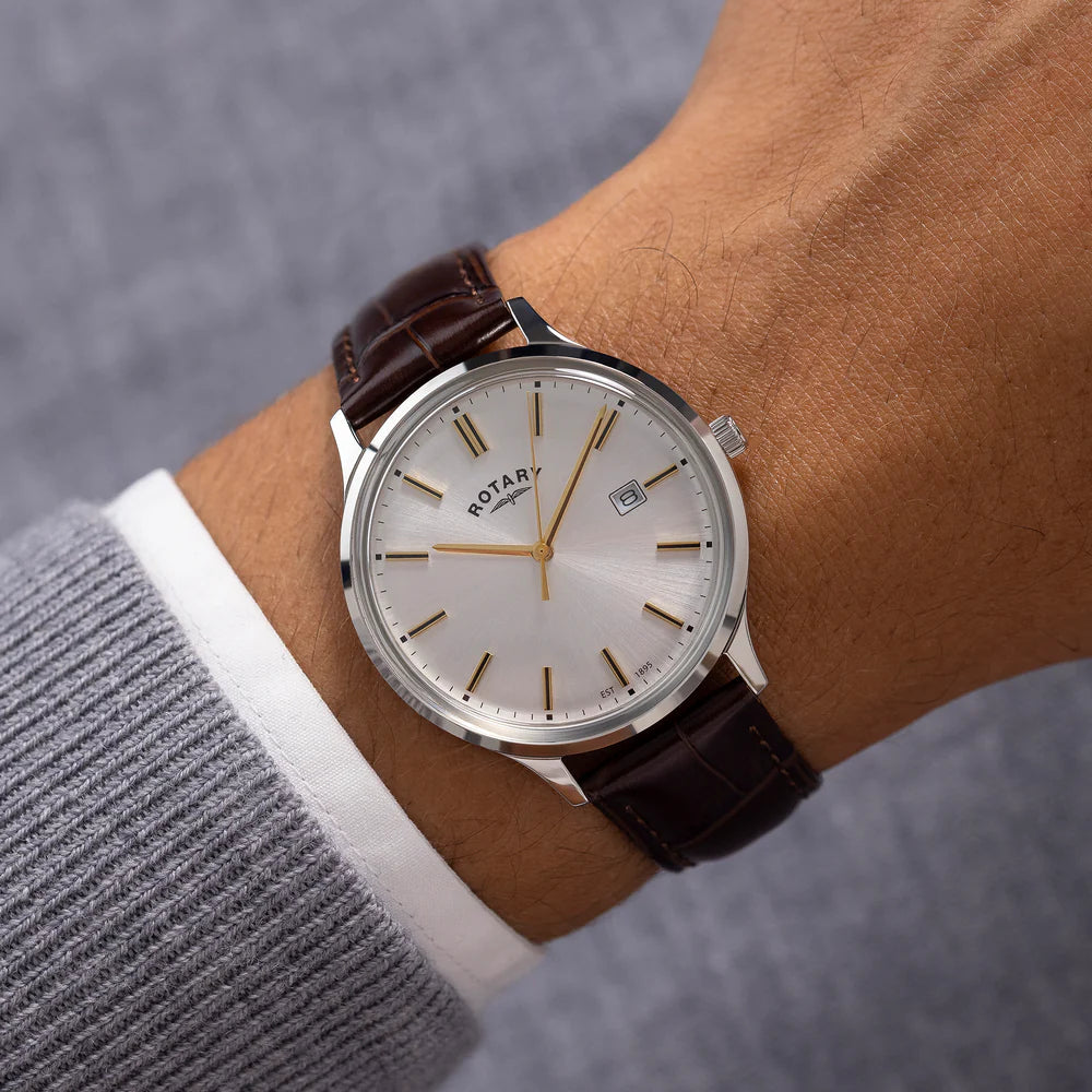 Rotary Men's Brown Strap Silver Dial