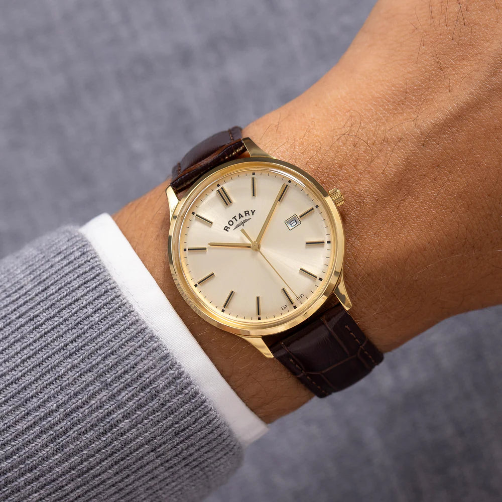 Rotary Men's Gold Brown Strap Champagne Dial