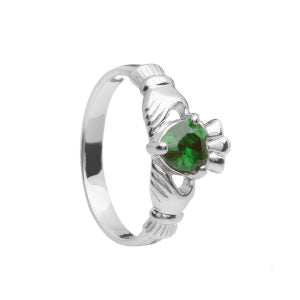 Sterling Silver Claddagh Ring with Green Stone