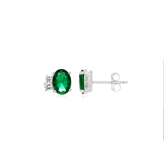 Silver CZ Green Stud Earrings