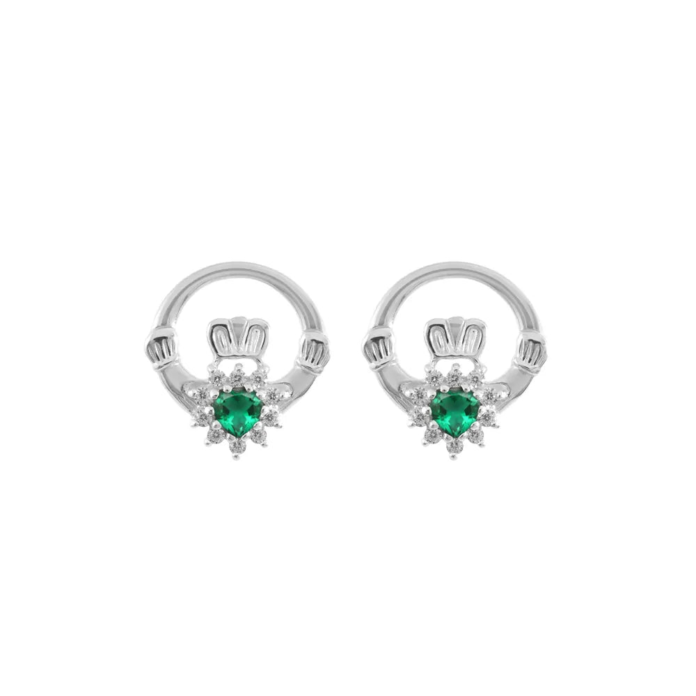 Sterling Silver Round Claddagh CZ Stud Earrings with Green Heart