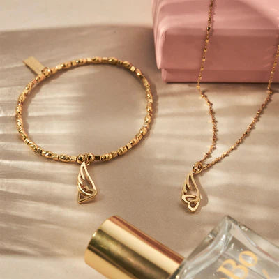 Delicate Cube Chain Interlocking Heart & Angel Wing Necklace