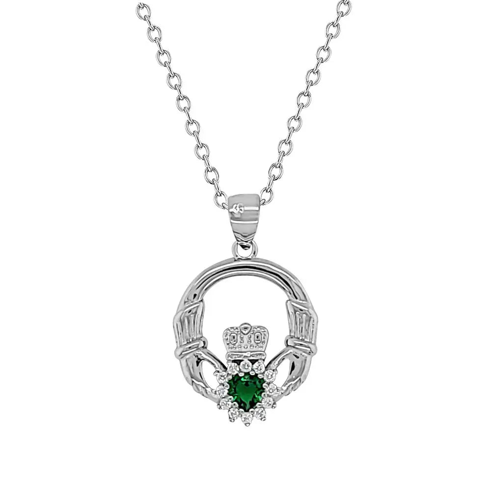 Sterling Silver Emerald CZ Claddagh , Trace Chain Included