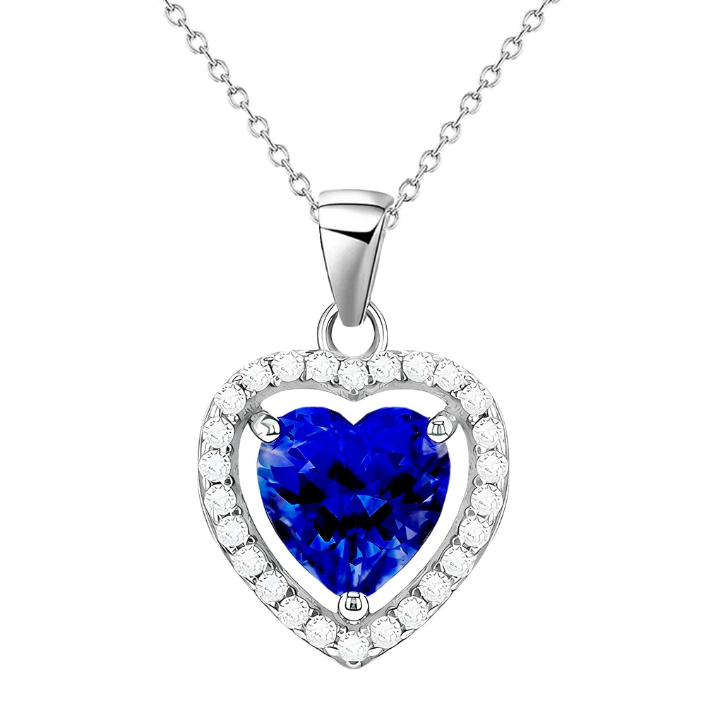 Sterling Silver Blue CZ Heart Pendant, Trace Chain Included