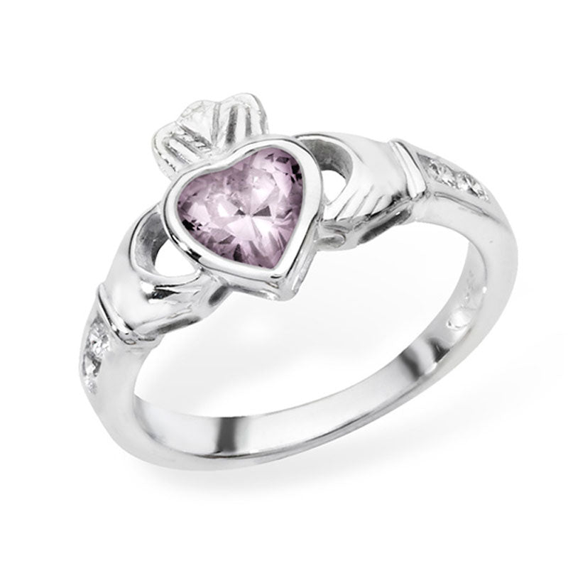 October Birthstone Claddagh Ring  Sterling Silver Cubic Zirconia