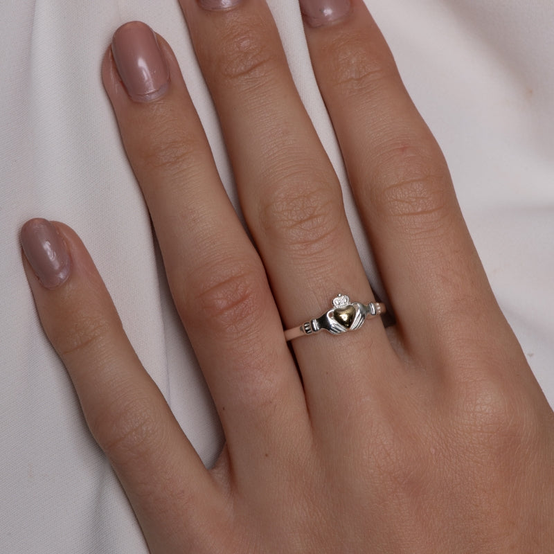 Sterling Silver Claddagh Ring with Gold Heart