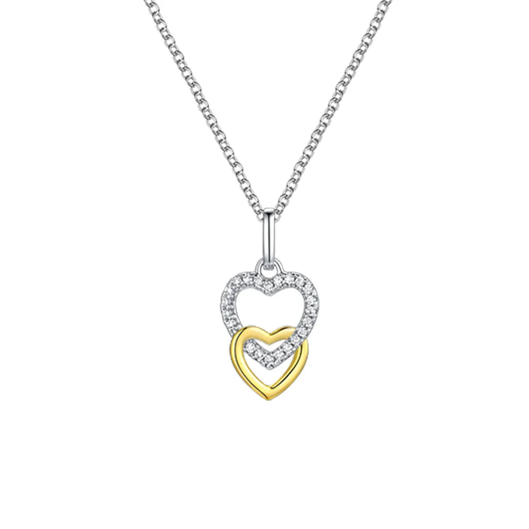Silver and Gold Duo Tone Double Happiness Heart Necklace