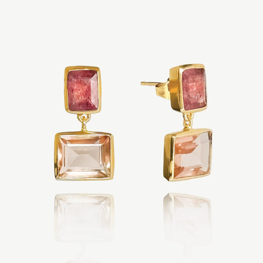 Sakura Gemstone Drop Stud Earrings 18ct Gold Plated, Strawberry Quartz & Morganite