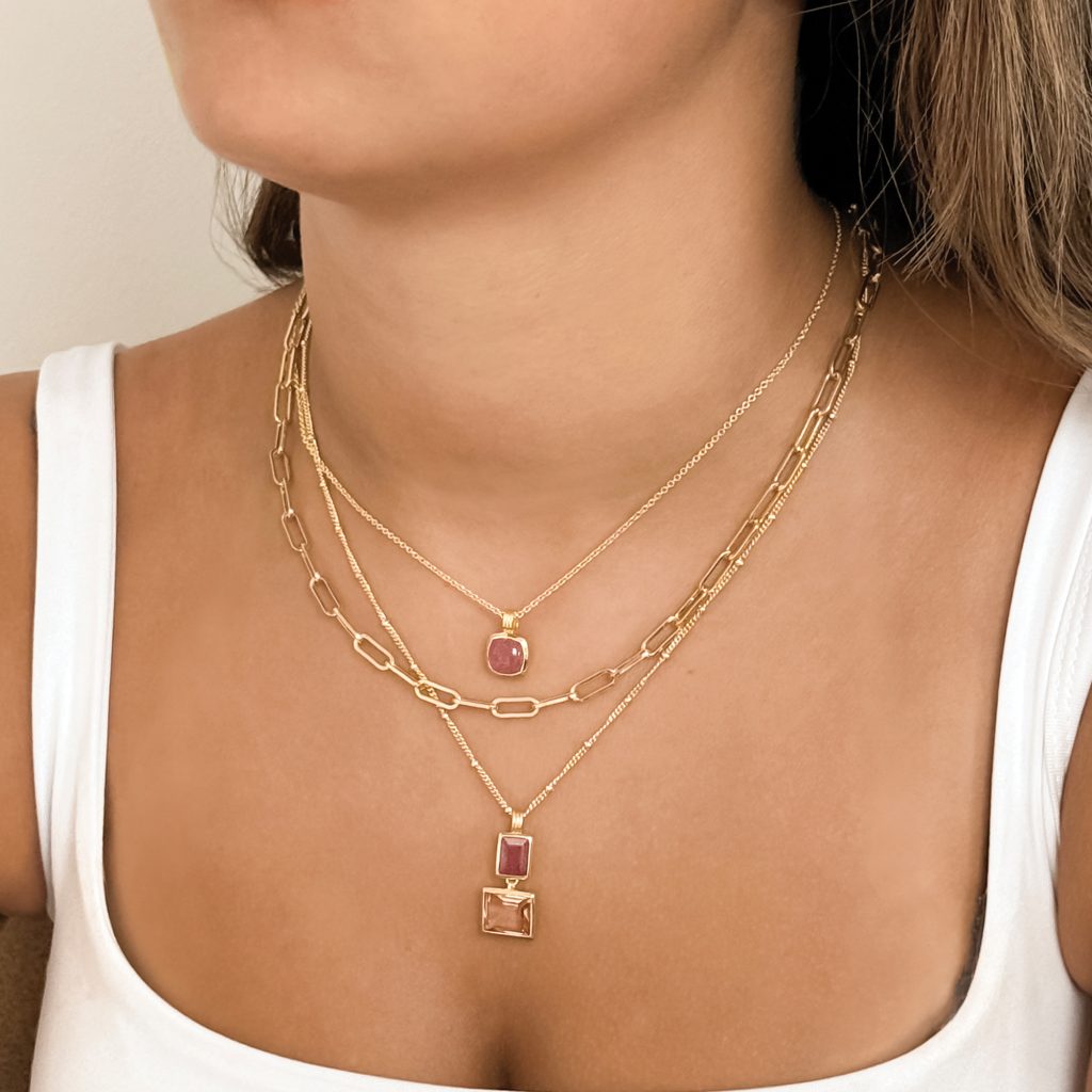 Sakura Gemstone Pendant Necklace 18ct Gold Plated, Strawberry Quartz & Morganite