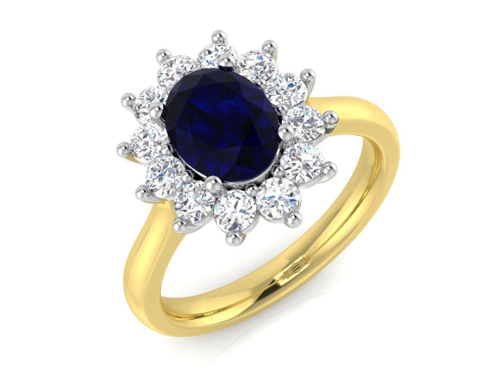 9ct Gold Oval Sapphire & Diamond Cluster Ring