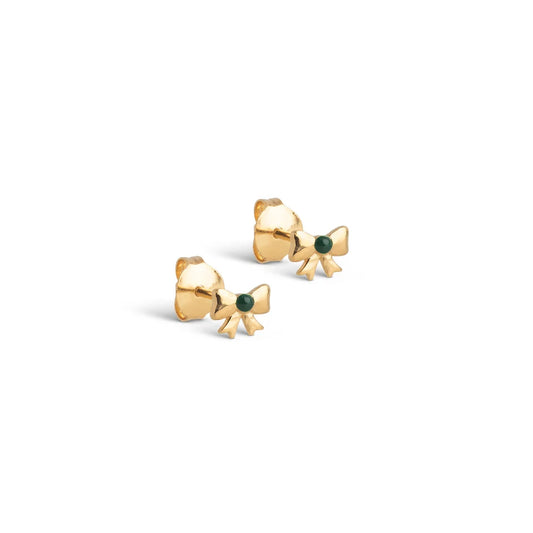 Gold Bow Studs - Petrol Green