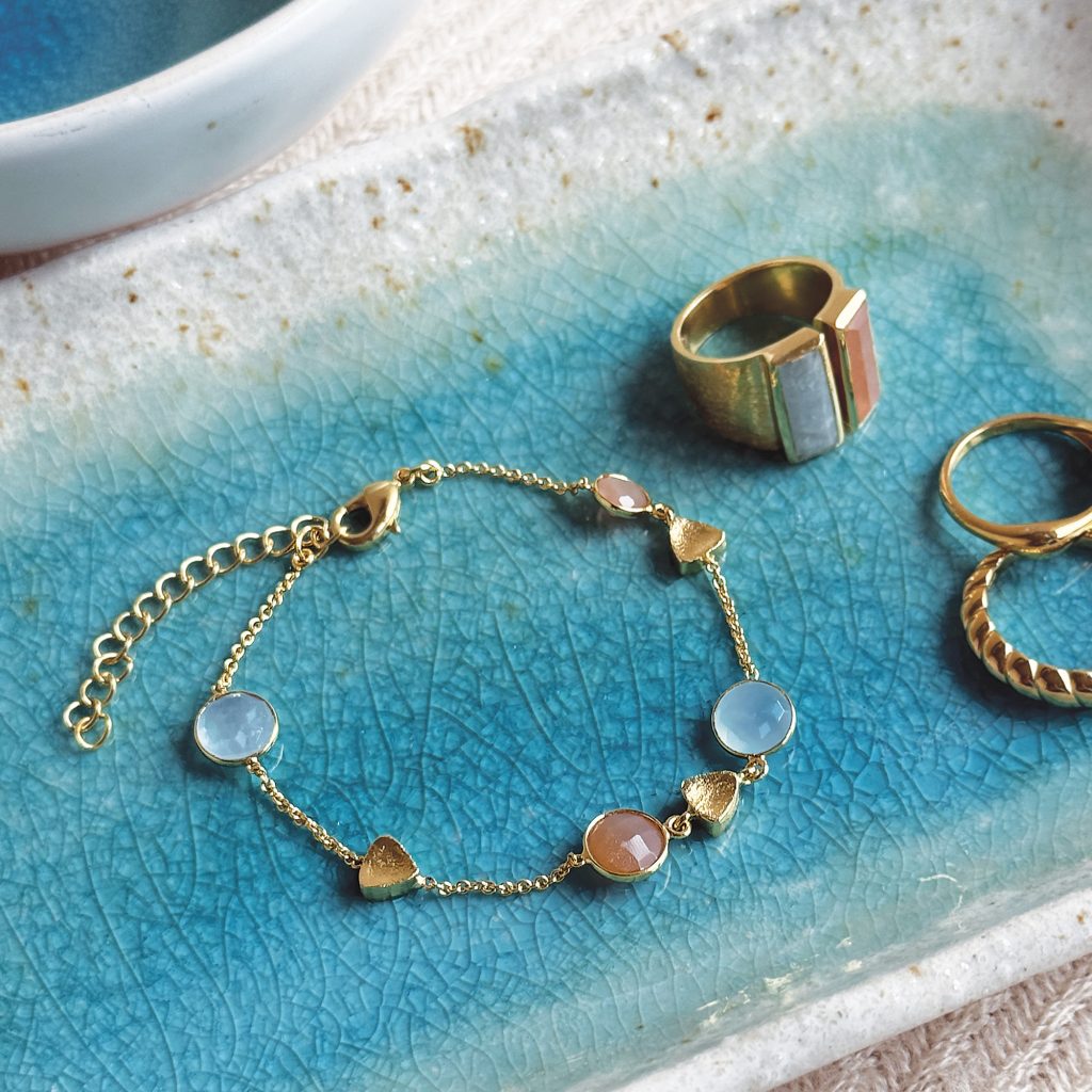 Tahiti Sunset Gemstone Charm Bracelet 18ct Gold Plated, Aquamarine, Peach Moonstone
