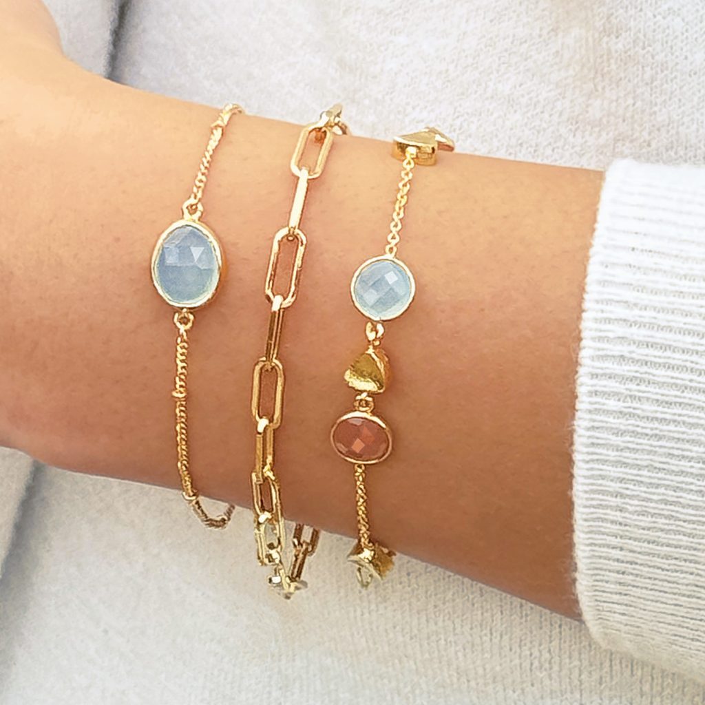 Tahiti Sunset Gemstone Charm Bracelet 18ct Gold Plated, Aquamarine, Peach Moonstone