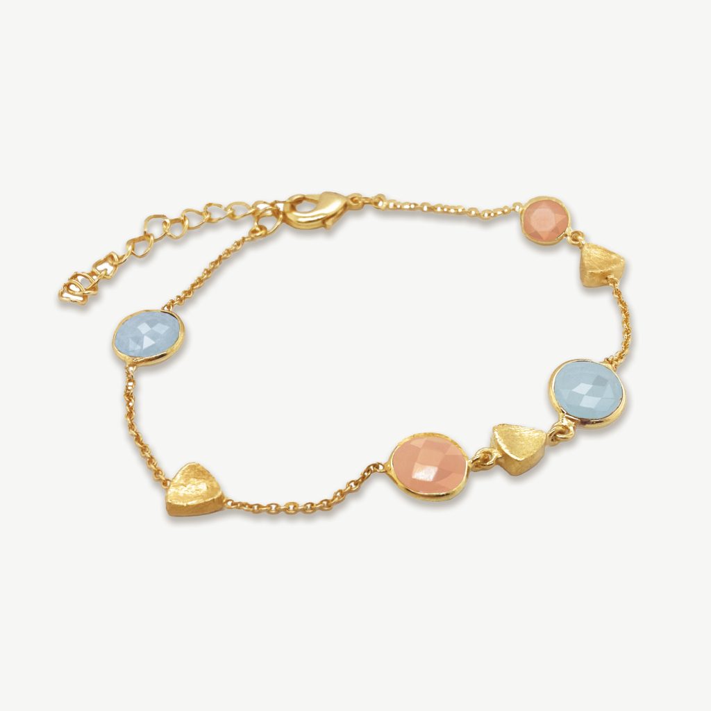 Tahiti Sunset Gemstone Charm Bracelet 18ct Gold Plated, Aquamarine, Peach Moonstone