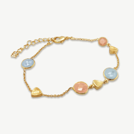 Tahiti Sunset Gemstone Charm Bracelet 18ct Gold Plated, Aquamarine, Peach Moonstone
