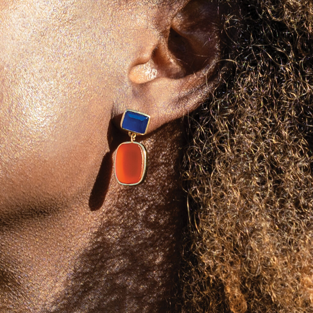 Tokyo Nights Gemstone Drop Stud Earrings 18ct Gold Plated, Blue Jade & Carnelian