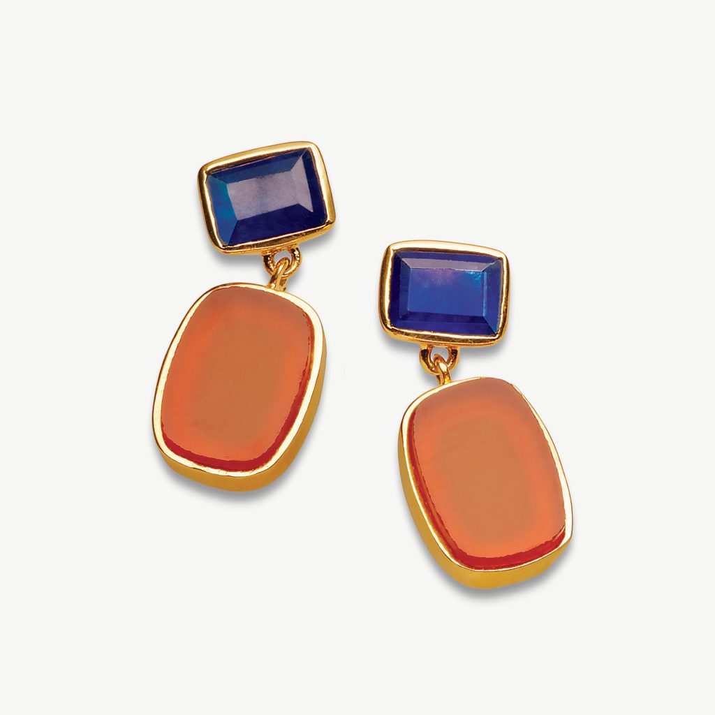 Tokyo Nights Gemstone Drop Stud Earrings 18ct Gold Plated, Blue Jade & Carnelian
