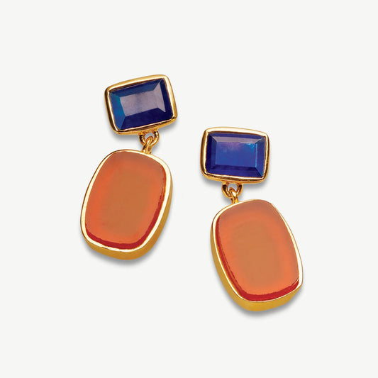 Tokyo Nights Gemstone Drop Stud Earrings 18ct Gold Plated, Blue Jade & Carnelian