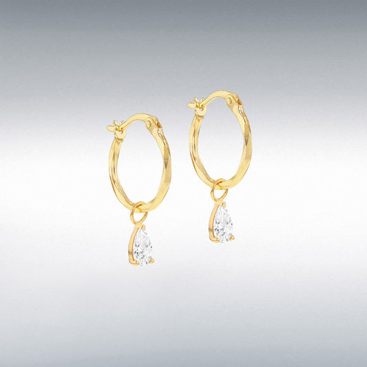 9ct Yellow Gold Pear CZ Diamond Cut Creole Hoop Earring