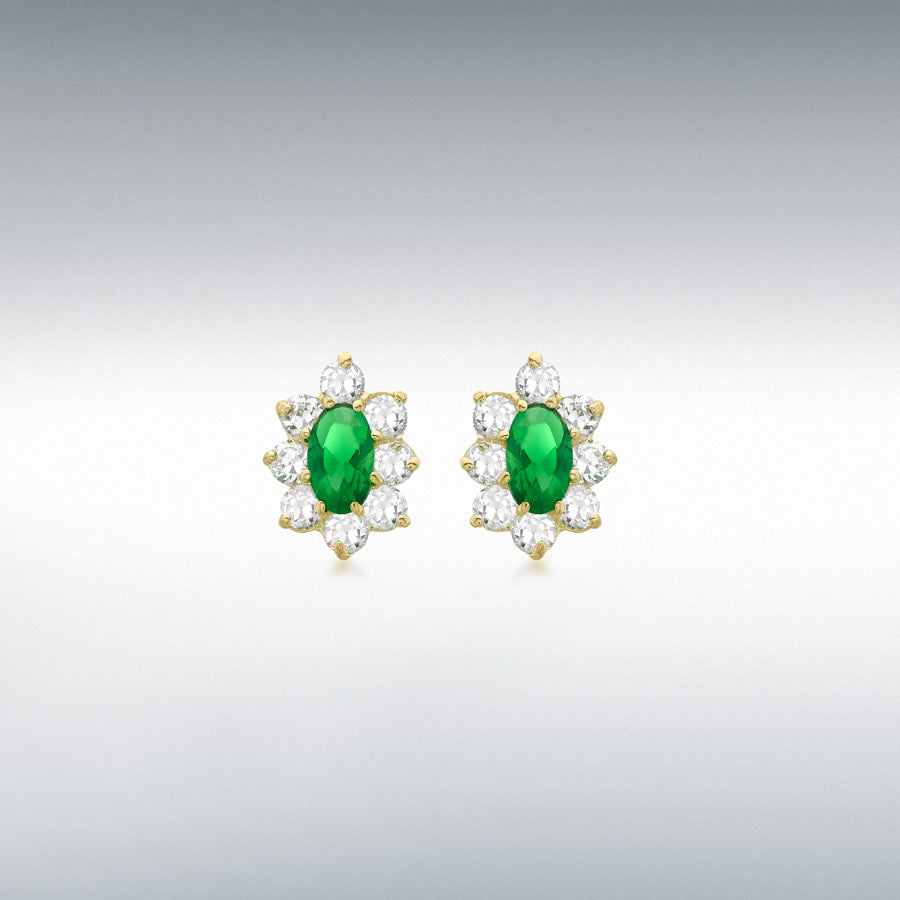 9ct Yellow Gold Oval Green and Round White CZ Flower Cluster Stud Earrings