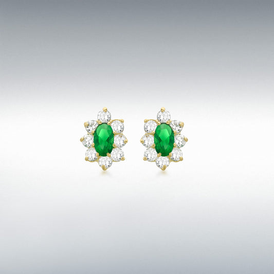 9ct Yellow Gold Oval Green and Round White CZ Flower Cluster Stud Earrings